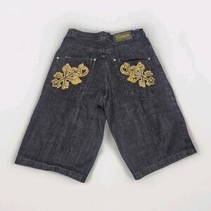 Vintage Y2K Southpole Jeans Shorts Men’s Size 38 Black Gold Embroidered Wide Leg